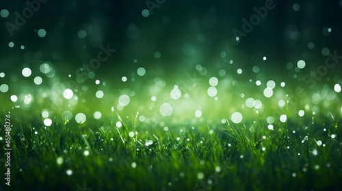 Abstract background green grass field with lights blossoms