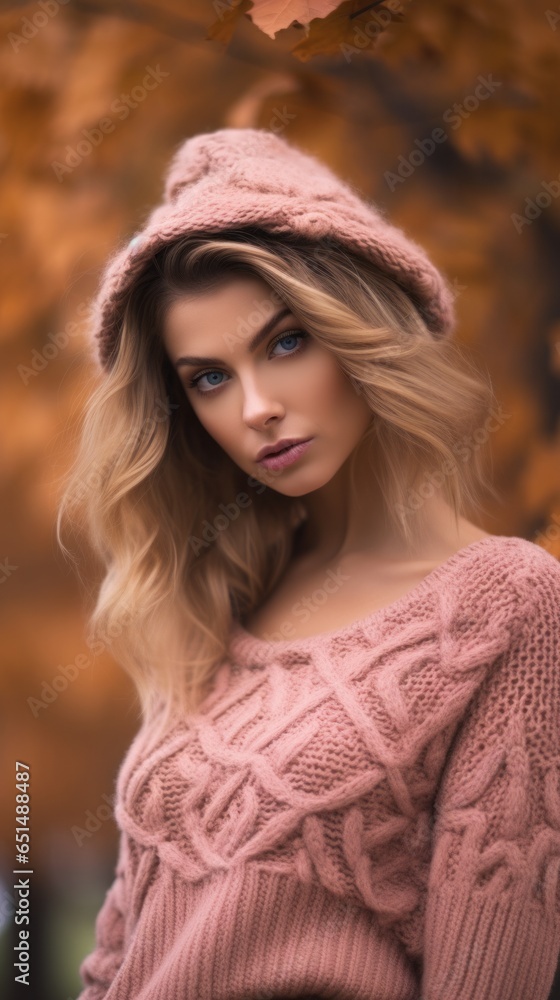 An attractive blonde with blue eyes wears a stylish pink sweater. The girl is wearing a hood. Autumn blurred background. An attractive blonde with blue eyes wears a stylish pink sweater. The girl is wearing a hood. Autumn blurred background.