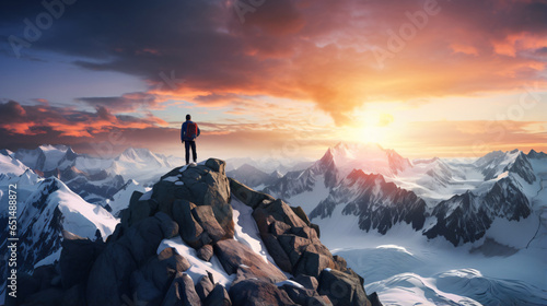 Adventurous Man Hiker standing on top of icy peak