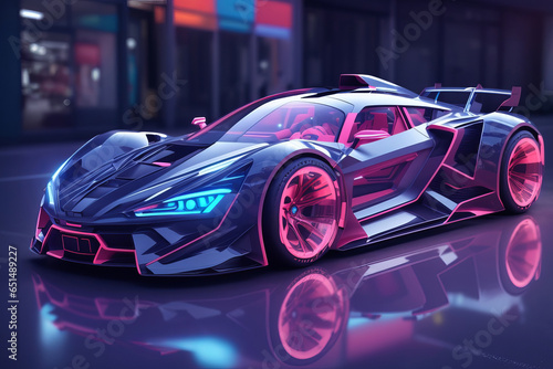Future Neon Sports Supercar into Automotive Innovation. Generative AI. © Happy Hues