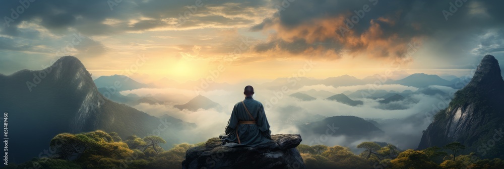 Monk meditating in the mountains, natural meditation, self-awareness. - obrazy, fototapety, plakaty 
