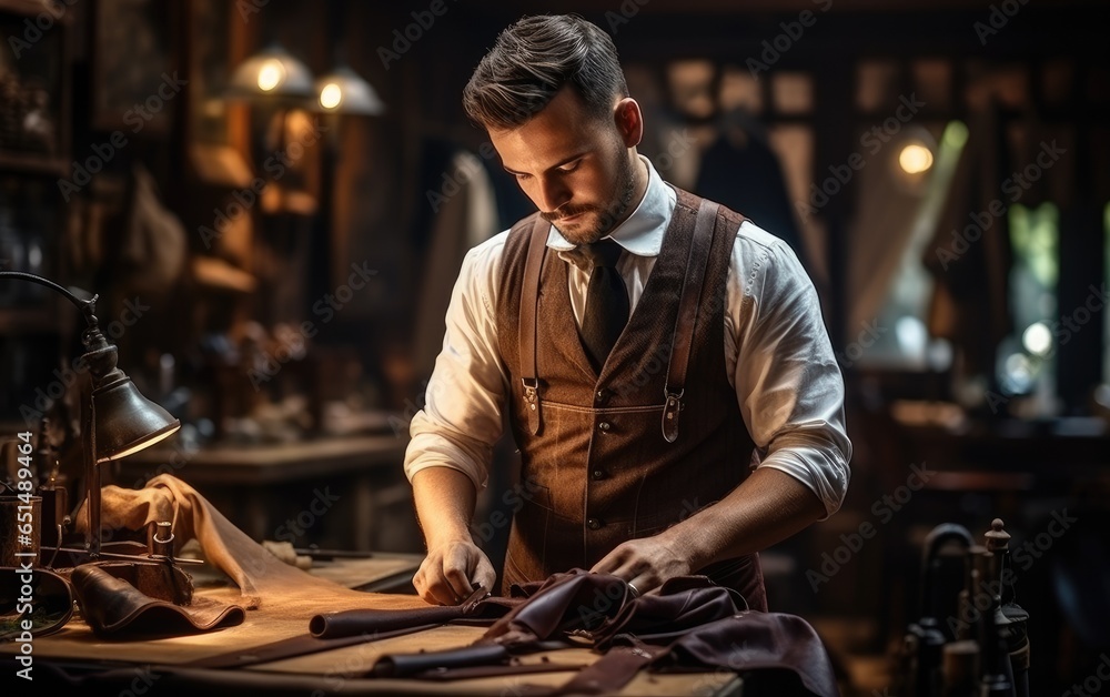 Tailor male working near wooden table in amazing atelier with antique furniture. Generative AI Tailor male working near wooden table in amazing atelier with antique furniture. Generative AI