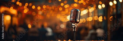 Banner with close-up of a microphone against glittering blurry autumn background