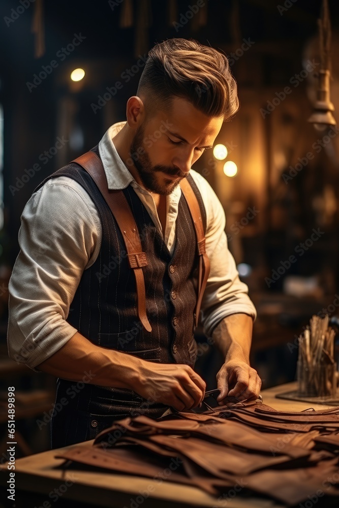Tailor male working near wooden table in amazing atelier with antique furniture. Generative AI