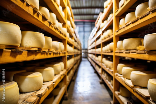 A large production room filled with many racks and shelves with different types of cheese. The cheese matures in a special room at the factory. Cheese production and storage.
