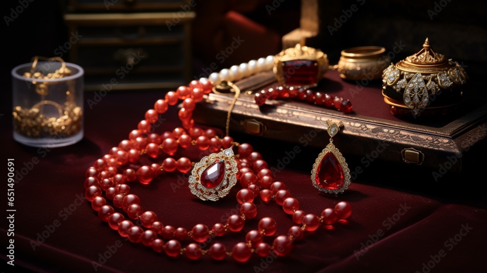 A Close-Up of a Precious Jewelry assemble: Necklace, Bracelet, Earrings, and Red Amulets, Luxurious High-End Accessories A Close-Up of a Precious Jewelry assemble: Necklace, Bracelet, Earrings, and Red Amulets, Luxurious High-End Accessories