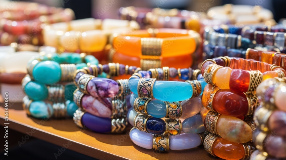 A Collection of Colorful Bracelets Featuring an Array of Precious Stones, Beautifully Arranged on a Stand at jewelry store counter