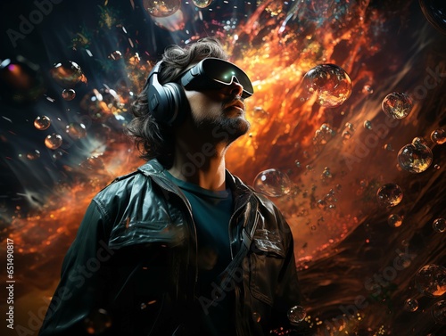 Man standing with virtual reality goggles and background  in the style of cosmic  photorealistic scenes  hyper-realistic atmospheres  hyper-realistic depiction of outer space