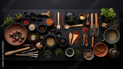 A collection of Asian kitchen chef accessories is neatly arranged on a black stone table