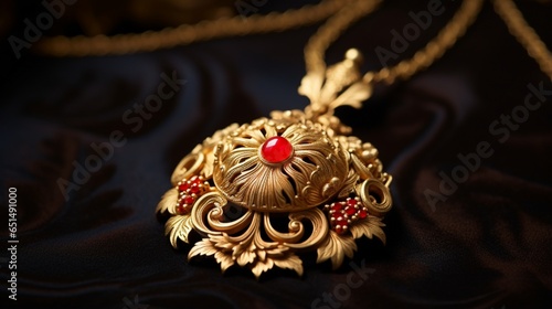 A detailed close-Up of a gold nacklace housed in a vibrant Red Box from the Collection