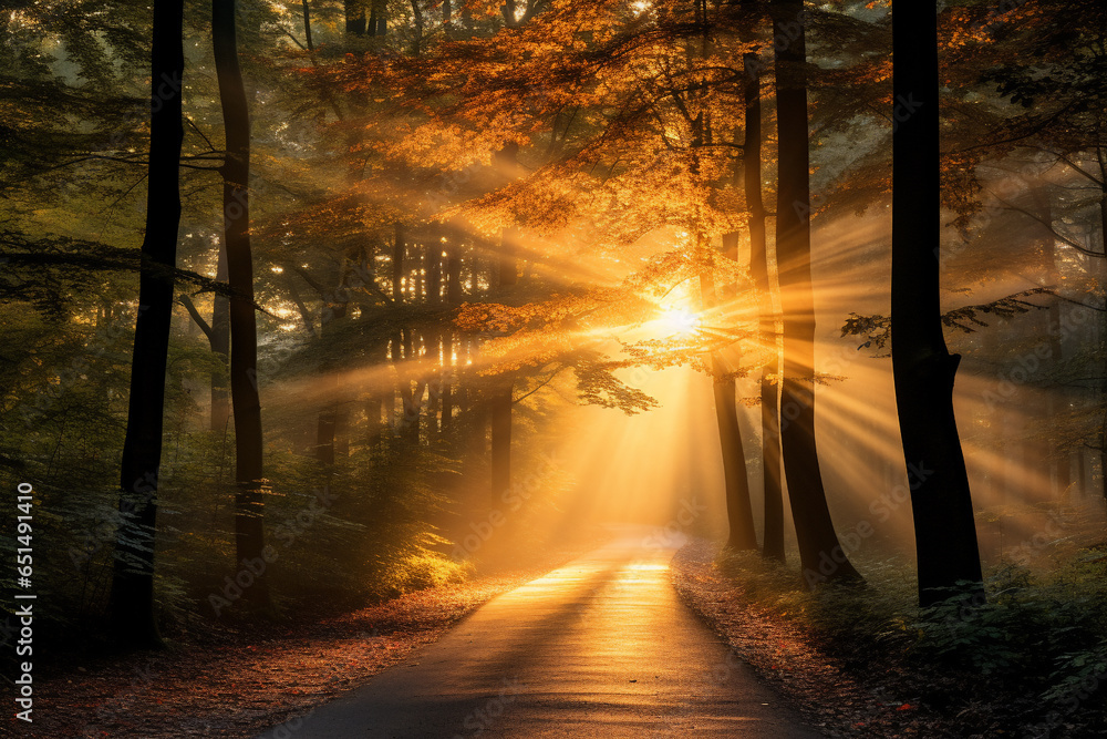 Naklejka premium view landscape on the roadway with autumnal maple forest and the mist, colorful autumnal on morning light.