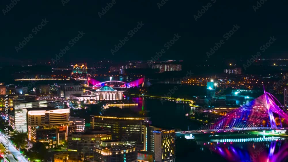 A 4K scenic aerial hyperlapse view of Putrajaya city at night with colorful lights A 4K scenic aerial hyperlapse view of Putrajaya city at night with colorful lights