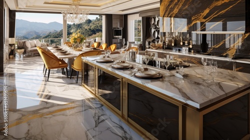 A luxurious kitchen and dining room adorned with a gleaming gold marble countertop  showcasing a modern and prestigious interior