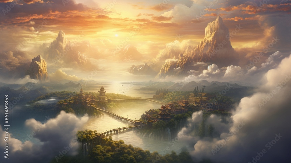 A picturesque village bridge framed by a sea of billowing clouds, creating a dreamlike atmosphere