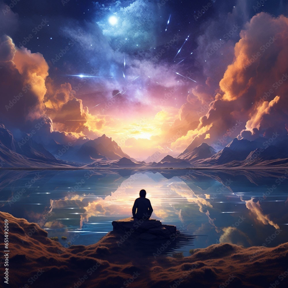 Isolated person gazes at the heavenly sky in a fantasy landscape, immersed in meditation and spiritual reflection.