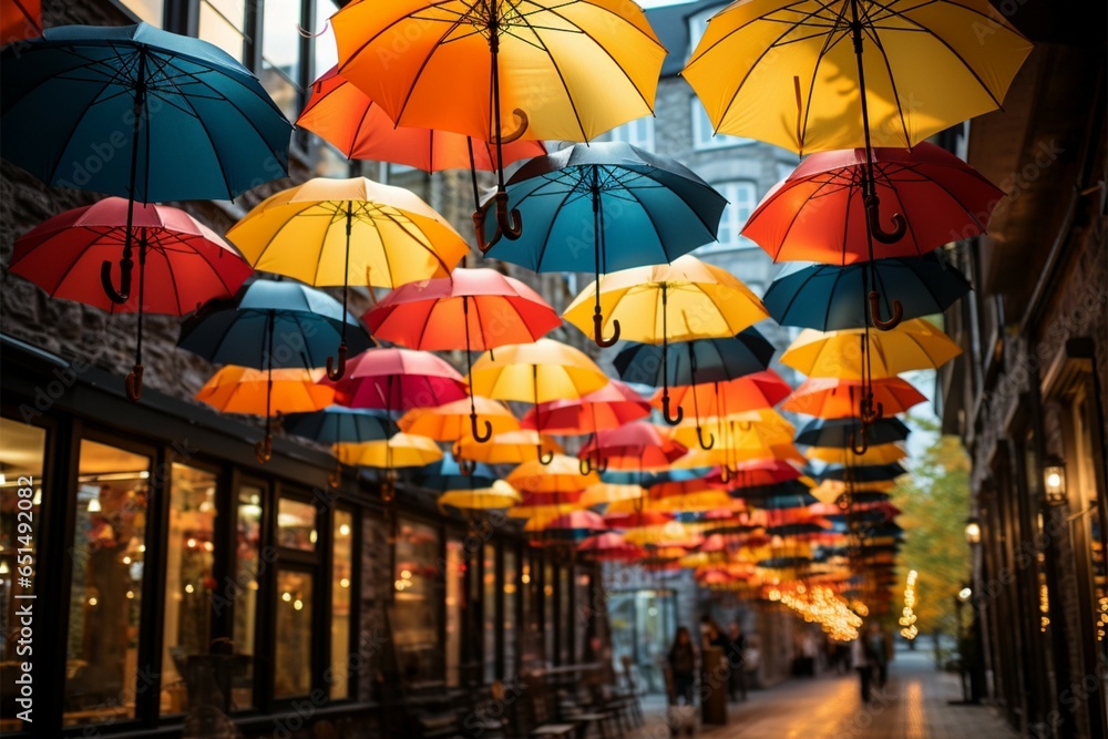 Assorted open parasols adorn the display, a vivid visual delight