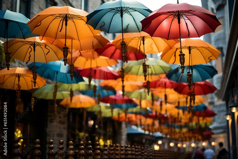 Assorted open parasols adorn the display, a vivid visual delight