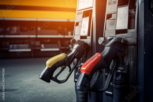 gas station. Pistols with gasoline and diesel fuel at a car gas station. Oil business and transportation costs, Generative AI