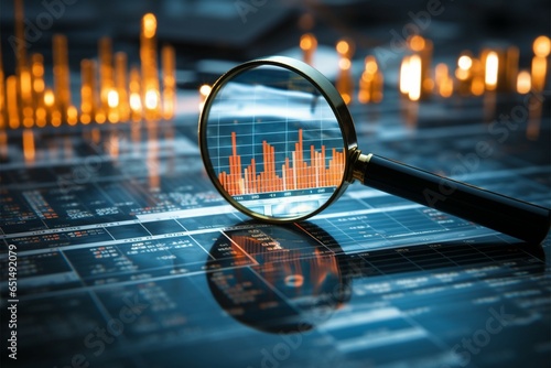 Analytical research in the economy, magnifying glass examining financial data