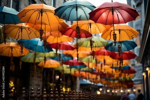 Assorted open parasols adorn the display  a vivid visual delight