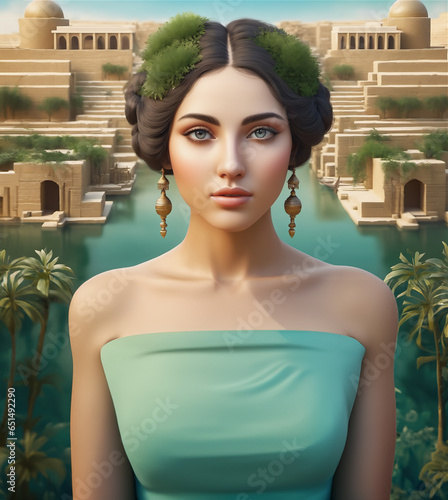 princess of babylon The beautiful Babylonian queen in the hanging gardens of Babylon. Tower of Babel and the beautiful queen. photo