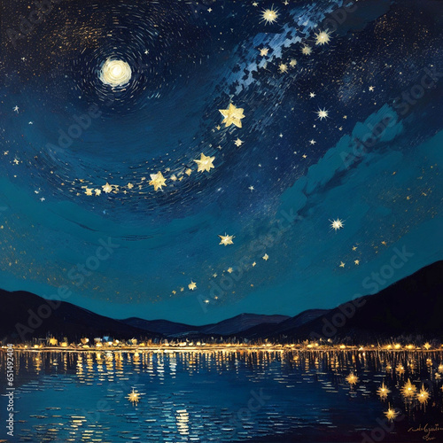 Night landscape with stars, Van Gogh style, modern art painted background
