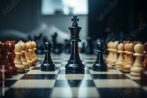 Square on chessboard hosts opposing pieces in a strategic formation photo