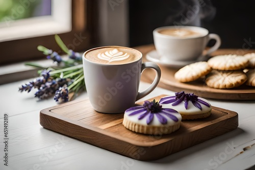 cup of coffee with cookies and flowers