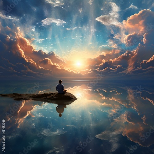 Isolated person gazes at the heavenly sky in a fantasy landscape, immersed in meditation and spiritual reflection. © Young