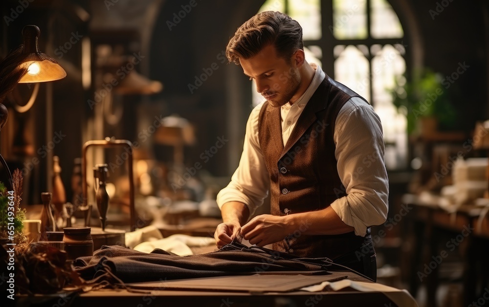 Tailor male working near wooden table in amazing atelier with antique furniture. Generative AI