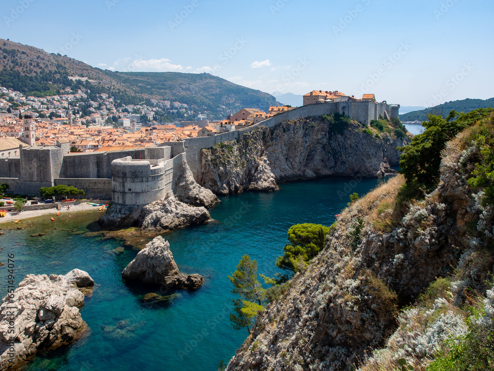Dubrovnik Old Town panorama at the sea and stone wall