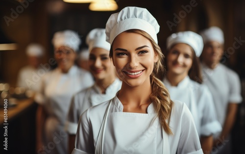 Smiling female bakers looking at camera. Team of professional cooks in uniform preparing meals for a restaurant in kitchen. Generative AI