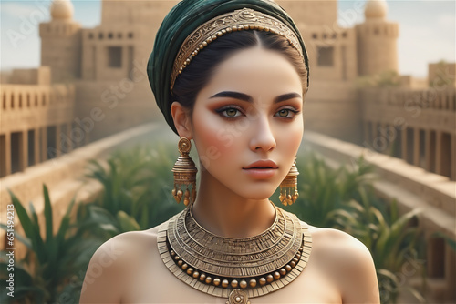 princess of babylon The beautiful Babylonian queen in the hanging gardens of Babylon. Tower of Babel and the beautiful queen. photo