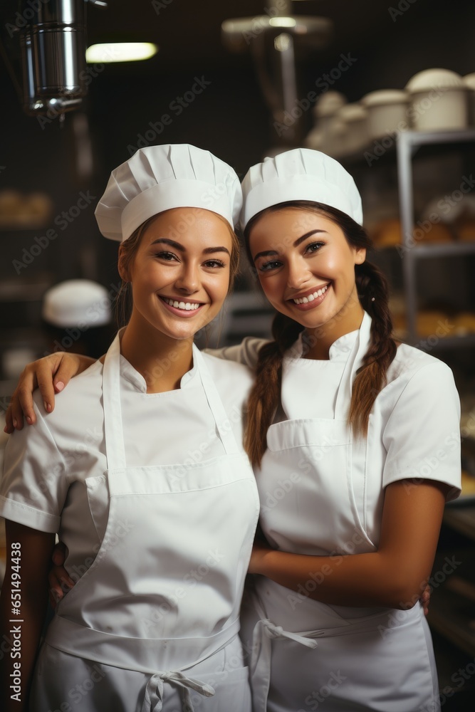 Smiling female bakers looking at camera. Team of professional cooks in uniform preparing meals for a restaurant in kitchen. Generative AI
