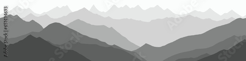 Black and white mountain landscape, ridges in the fog, seamless border, panoramic view