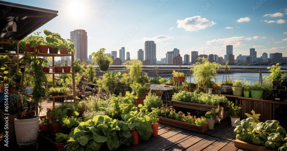 Fototapeta premium Rooftop garden brimming with fresh vegetables and herbs