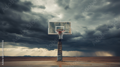 Basketball hoop on basketball court under dramatic