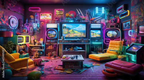 Retro living room filled with iconic '80s pop culture items like cassette tapes and arcade games photo