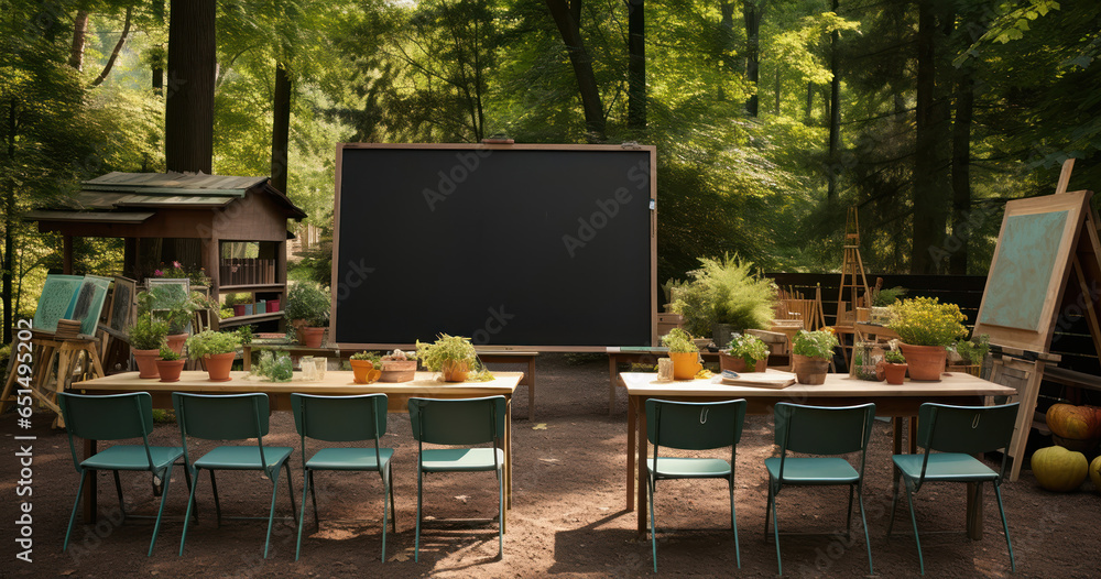 Outdoor Class Setting Temporary outdoor classroom set up in the woods, complete with ...