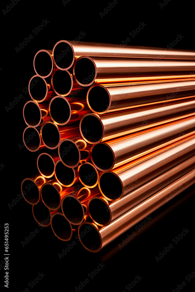 Copper Pipes used for plumbing, stacked and isolated on a black background with shallow field of view. Copper Pipes used for plumbing, stacked and isolated on a black background with shallow field of view.