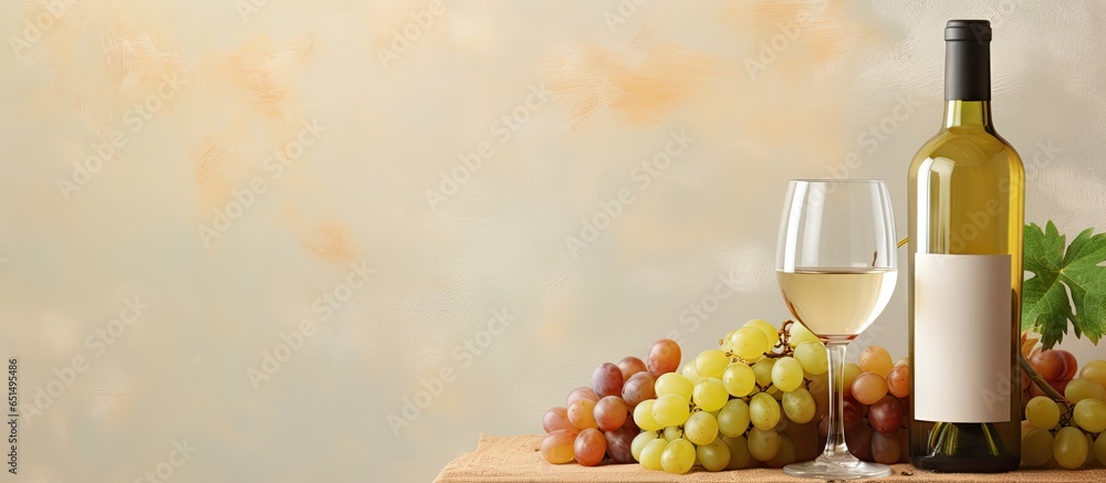 White wine bottle and glass with grapes on isolated pastel background Copy space