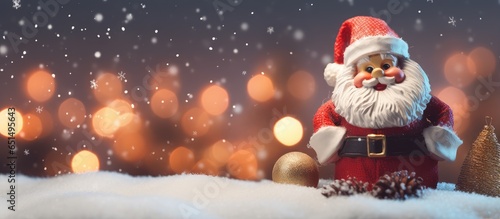 Santa Claus doll and Christmas tree surrounded by snow Festive isolated pastel background Copy space Model figure of Santa Claus and Merry Christmas toy on a dark foggy background Focus on spec