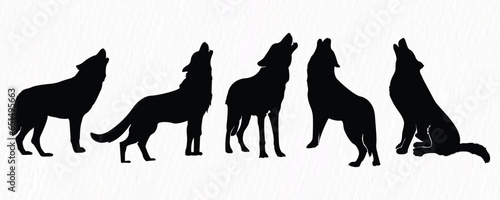 Silhouette set of wolf howling, walking, sitting on white paper textured background