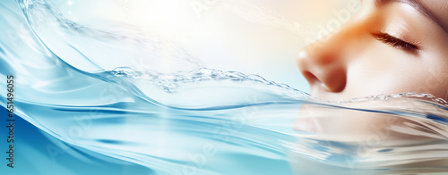 woman plunged into transparent waves of water in a spa, close-up