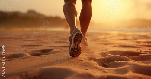 Barefoot runner sprinting along a sandy beach at sunrise