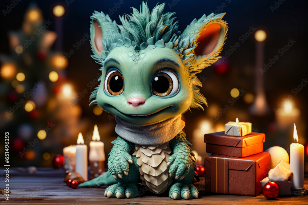 Adorable Small Green Dragon Celebrating New Year Against Festive Background. 2024 Year Symbol. Adorable Small Green Dragon Celebrating New Year Against Festive Background. 2024 Year Symbol.
