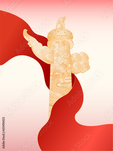 Chinese ornamental column, Huabiao surrounded by red ribbon. Ancient chinese traditional architecture.  photo