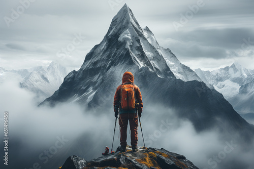 A person standing on a rock looking at a mountain. Climbing peaks.