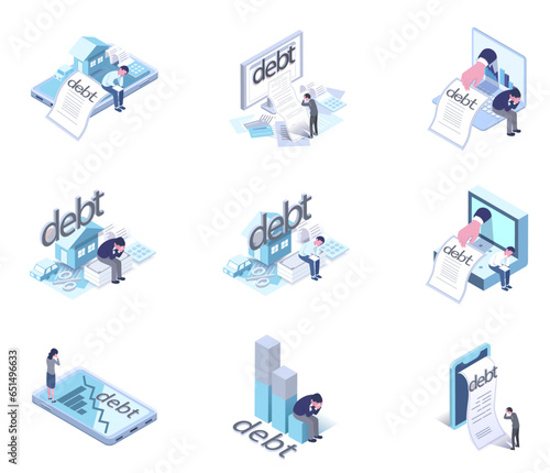 vector isometric illustration set of debt and bankruptcy,a man depress for debt