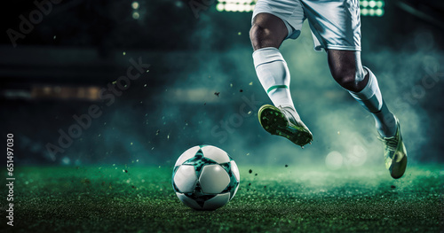 Soccer player captured mid-kick, with the stadium's lights illuminating the scene